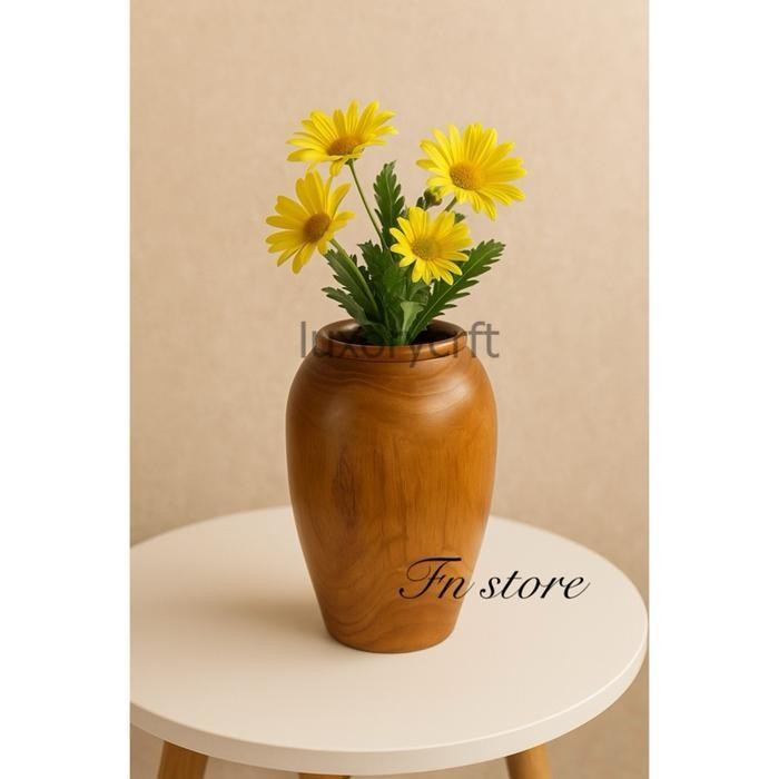 VAS BUNGA MEJA GENTONG KAYU JATI WARNA PLITUR ALAMI / NATURAL - VAS GENTONG, KAYU JATI LC4354