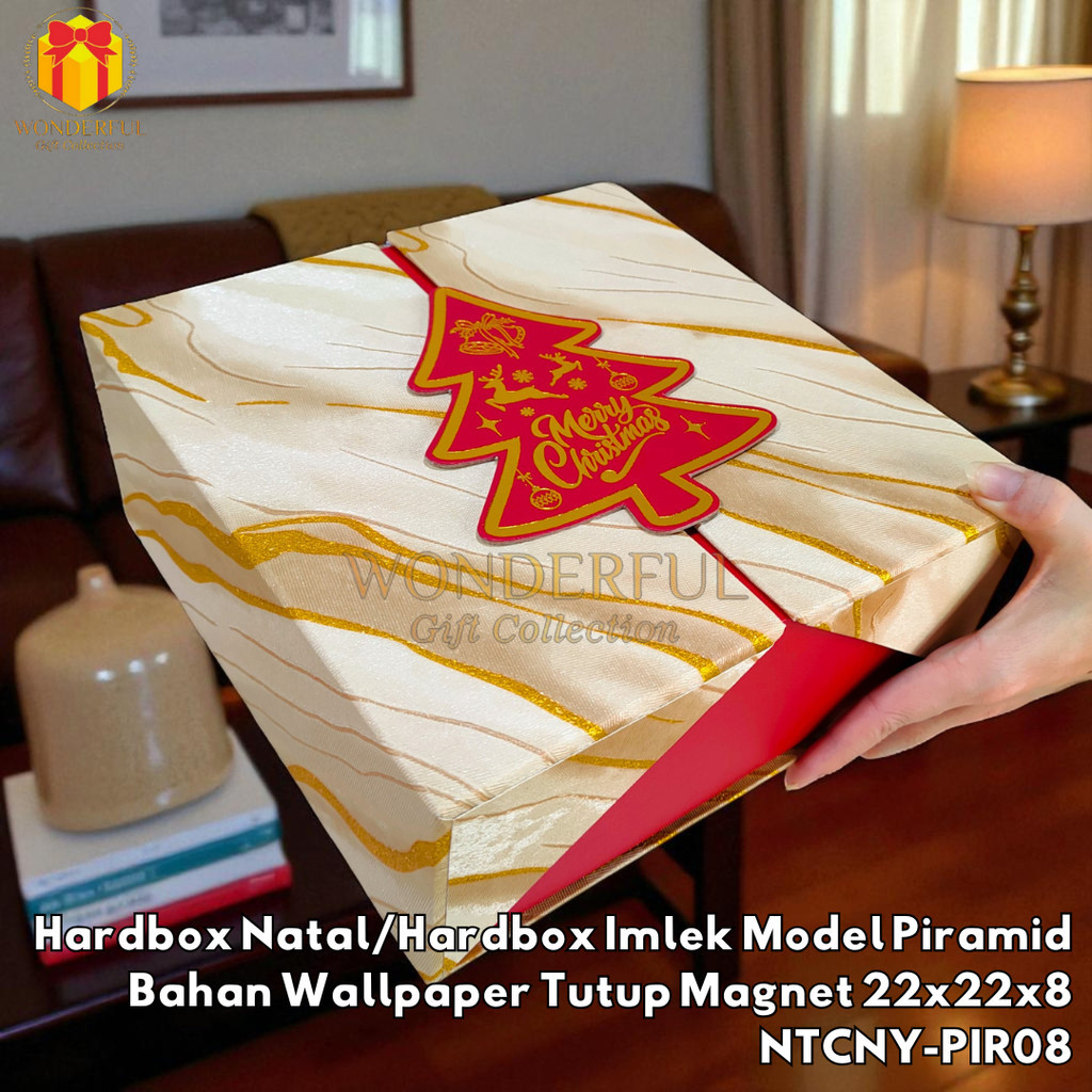 

Hardbox Natal/Hardbox Imlek Model Piramid Bahan Wallpaper Tutup Magnet 22x22x8 NTCNY-PIR08