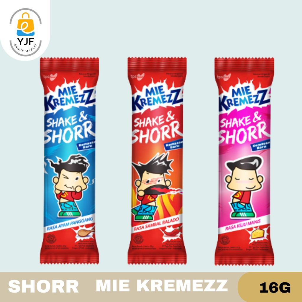 

Shorr Mie Kremezz Shake 16g - 1PC / Snack Mie / Mie Kremez Rasa Ayam Panggang / Sambal Balado / Keju Manis