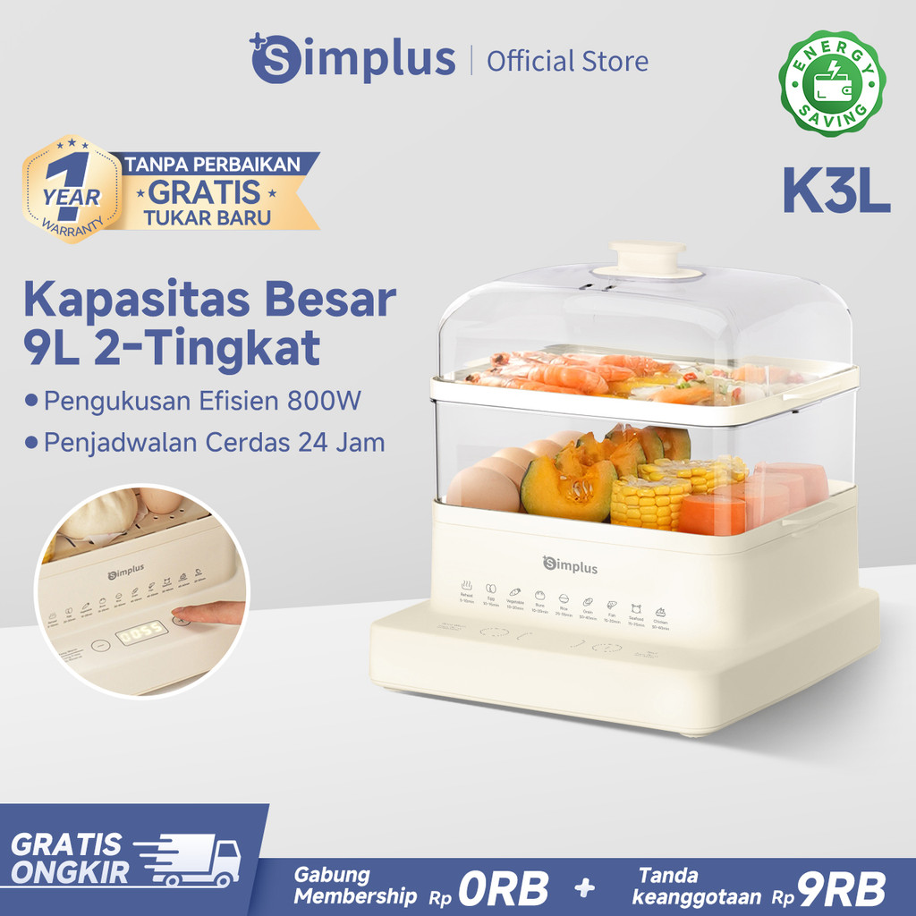 Simplus Kukusan Listrik Low Watt 9L Electric Steamer Multifungsi Mengukus Telur, Mengukus Ikan