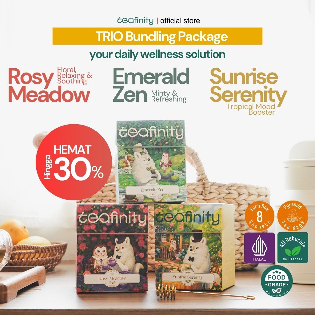 

Teafinity Trio Pack Sunrise, Emerald, Rosy | Black Tea Peach | Green Tea Spearmint | Chamomile White