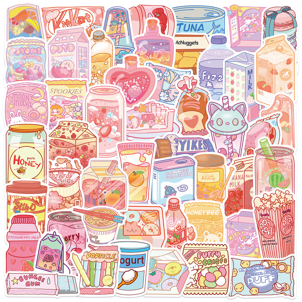 

50PCS Cute Cartoon Snacks Drinks Stickers Waterproof Graffiti For Laptop Luggage Water Bottle Notebook Guitar Vinyl Decals PVC