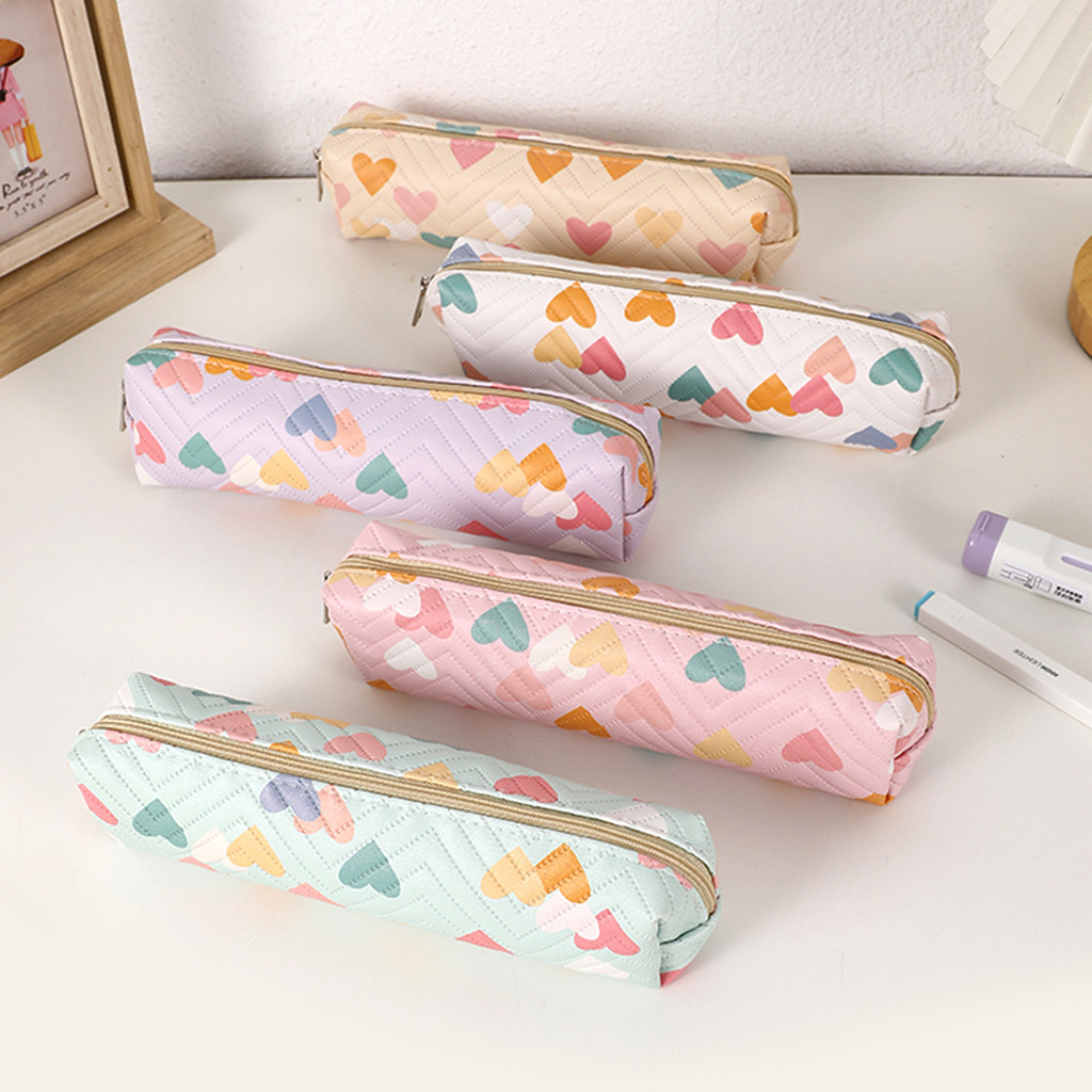 

1 pc heart pattern pu waterproof pencil case, student school supplies fashion portable pencil bag, back-to-school essentials