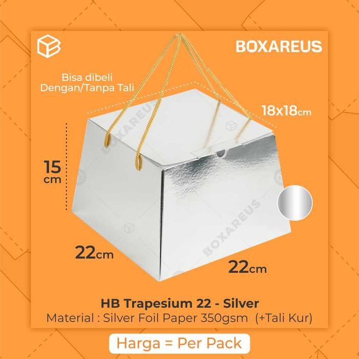 

Dus Kue Cake Packaging Box Kemasan Kotak Silver | HB Trapesium 22 - Silver Polos, Tanpa Tali