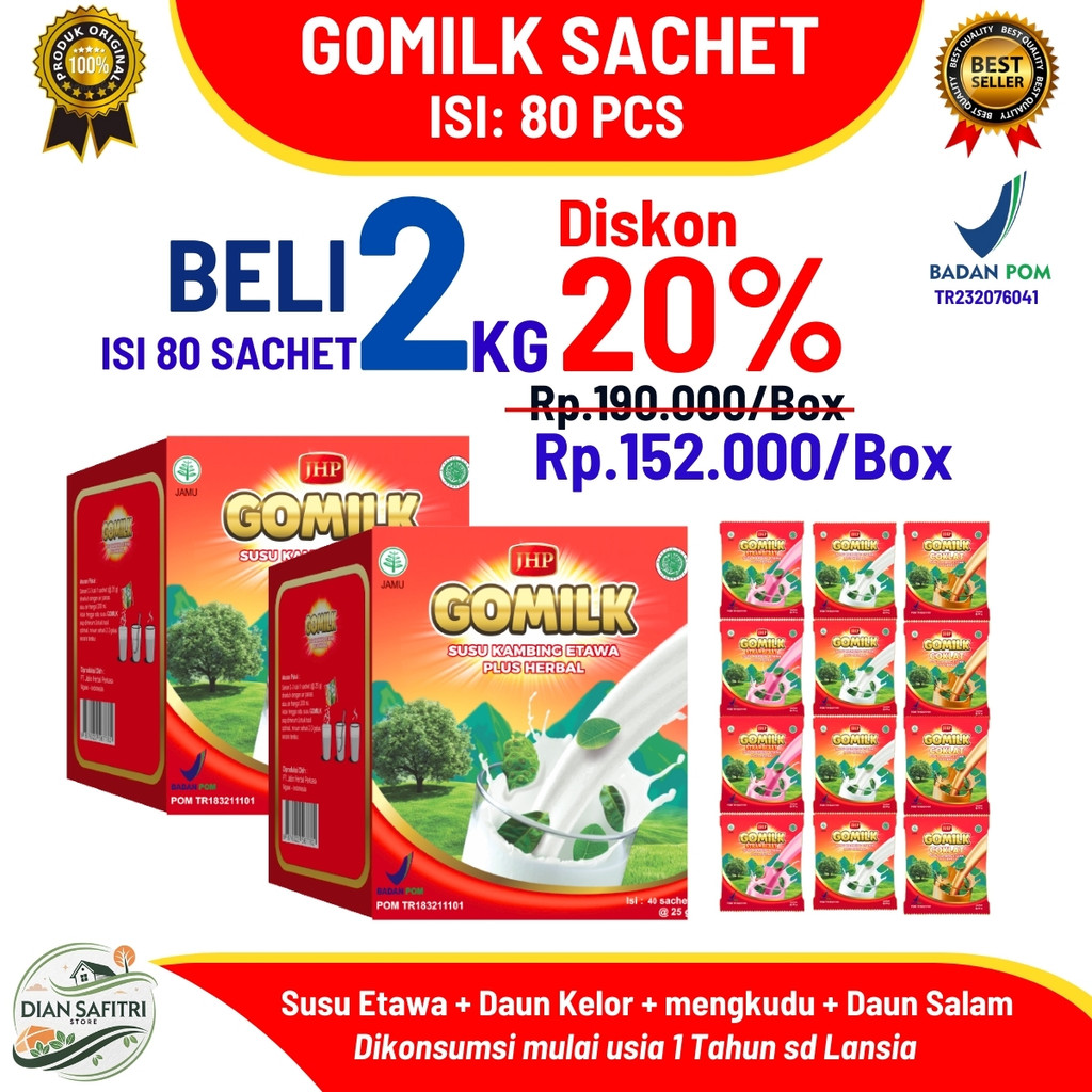 

[ Paket Reseller ] GOMILK SACHET 2 BOX isi 80 sachet Susu Kambing Etawa Plus Herbal Daun kelor