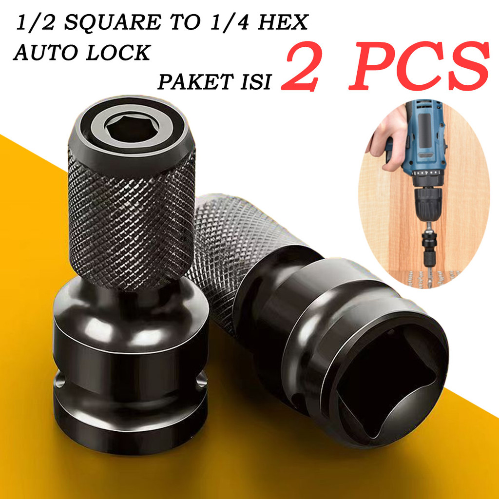 

Socket Adaptor Ke Bor 2 pcs in 1 Set - 1/2 SQUARE TO 1/4 HEX - AUTO LOCK Impact Wrench Adapter