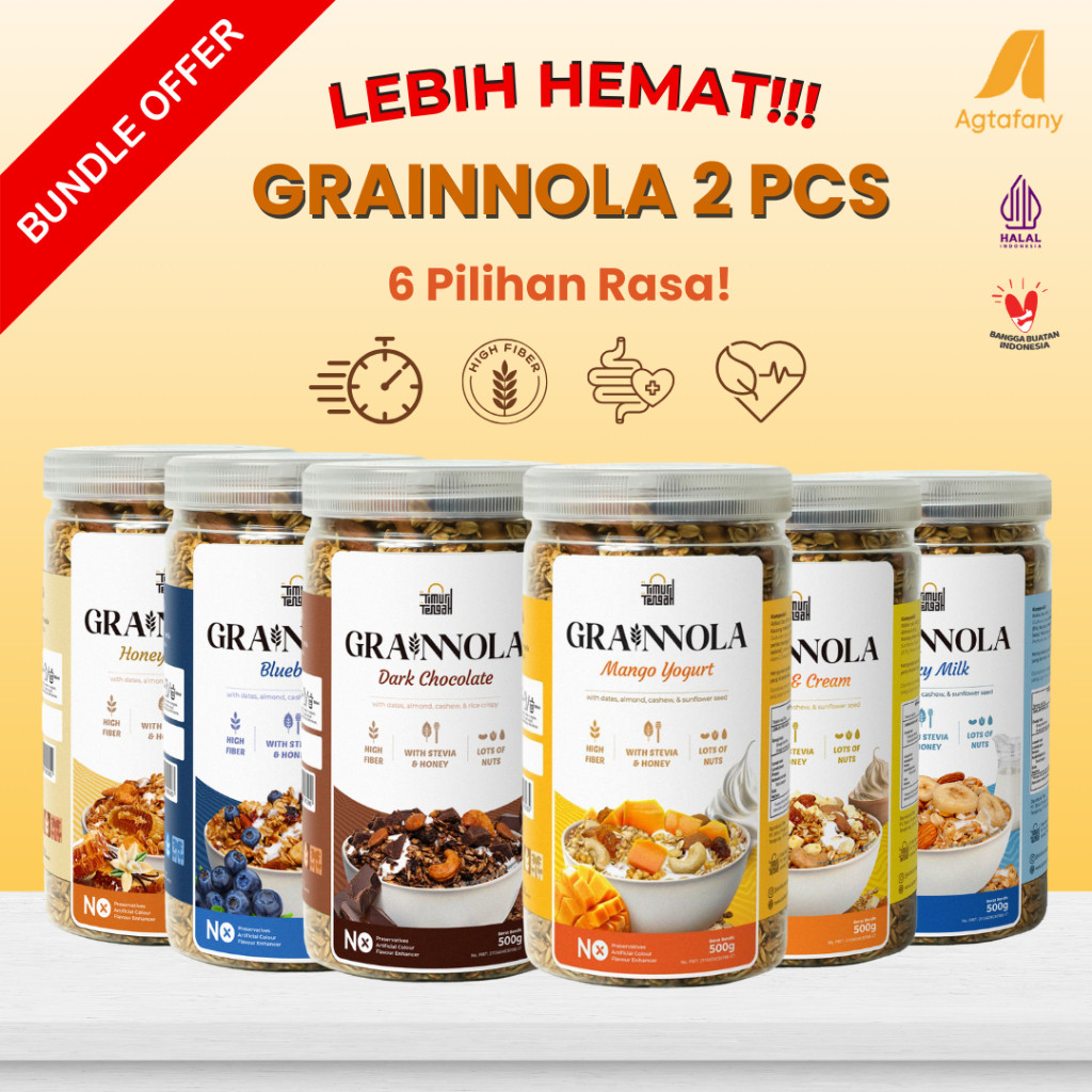 

PROMO [Paket Hemat] Bundling 2 pcs Grainnola Dark Chocolate Coklat Vanilla Honey Blueberry Mango Yogurt Cheese and Cream Milky Milk Timur Tengah 500 gr | Cemilan Granola Sehat Sereal Makanan Kaya Serat