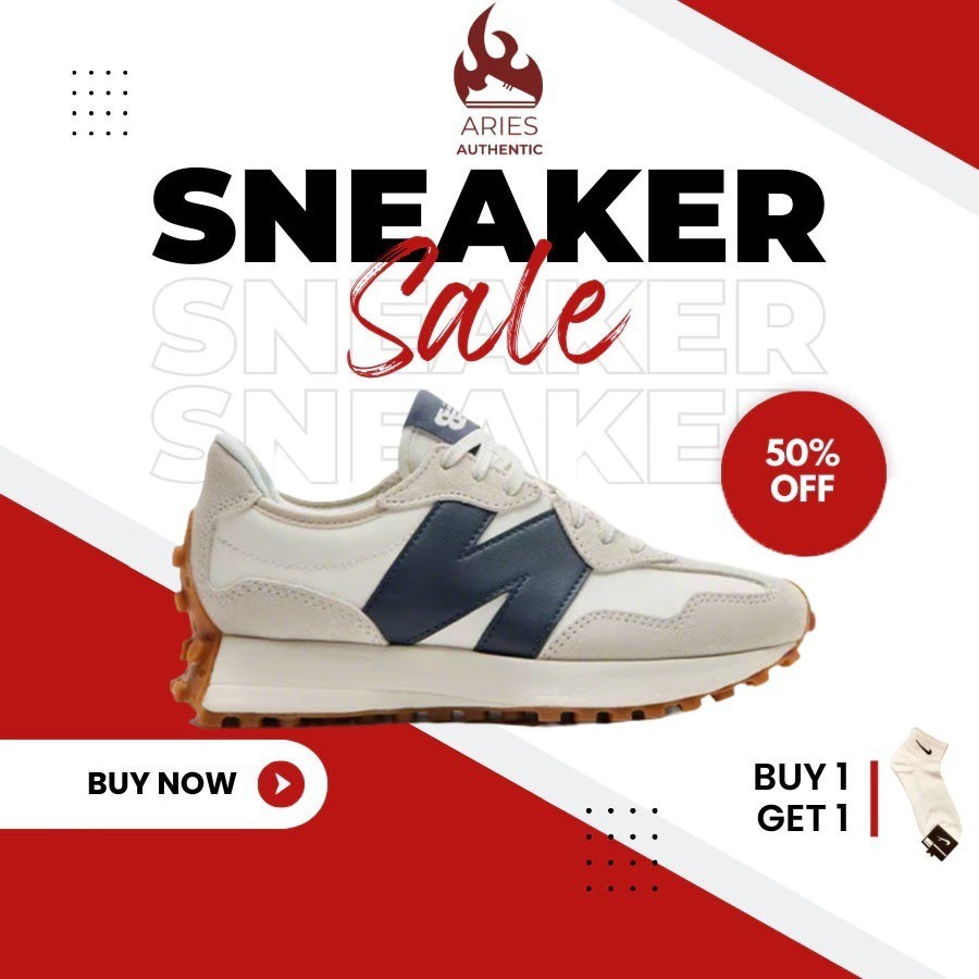 Sepatu lari low-cut New Balance NB 327, terbuat dari kulit sintetis dan kulit asli. Memiliki sifat p