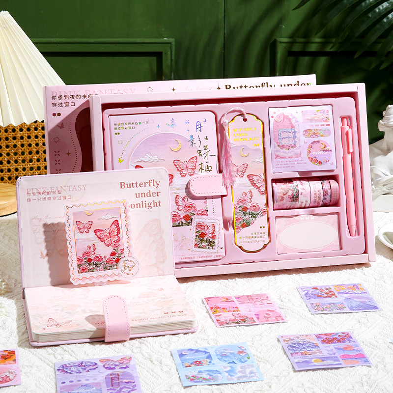 

Magnetic buckle relief notebook set gift box includes stickers, neutral pens, bookmarks, and paper tape with full-color inner pa