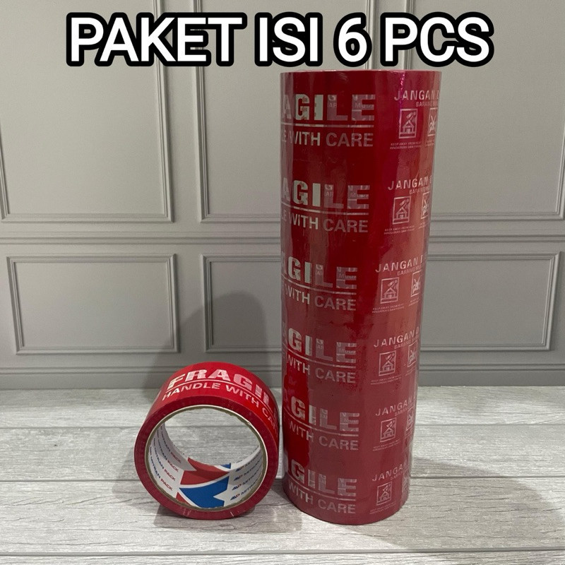 

( PAKET ISI 6 PCS ) LAKBAN FRAGILE MERAH KUALITAS BAGUS 48mm x 40m KUAT BERKUALITAS