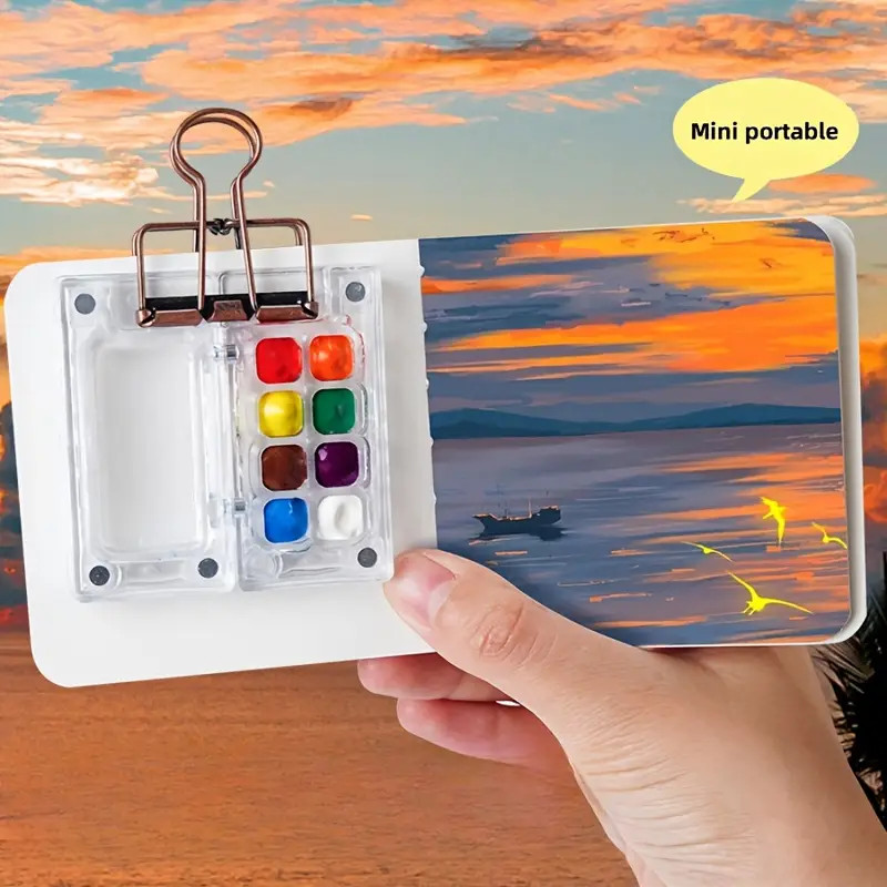 

1pc ArtPro Mini Portable Watercolor Palette, Fashionable Plastic Travel Sketching Tool Kit with Clip, 8/15 Color Options