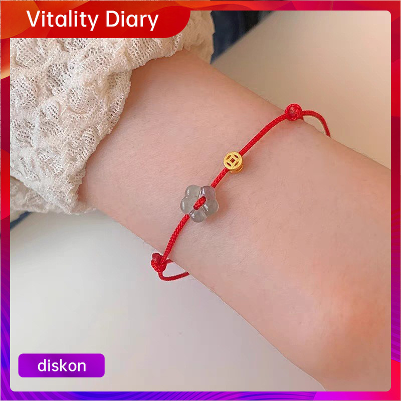 COD Gelang Tali Merah Kecil Tali Tangan Gaya Cina Gelang Keberuntungan Bunga Giok Gelang Handmade