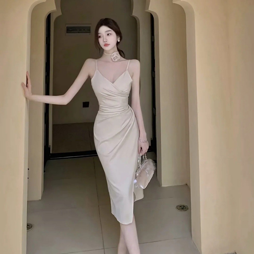 7843 gaun pesta mewah elegan putih prewedding Summer Korean Dress white midi dresses   Casual plain 