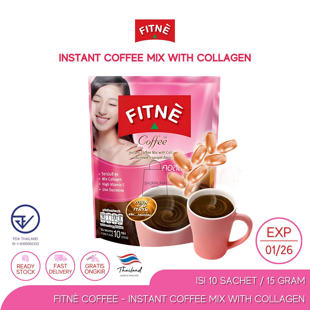 

Fitne Coffee Instant Coffee Mix With Collagen Pack Isi 10 Stick Sachet Berat 150 Gram Original Thailand Kopi Instan Halal Tanpa Gula Sugar Free dengan Kolagen Ikan Fish Colagen Vitamin C Kulit Halus Awet Muda Rendah Kalori