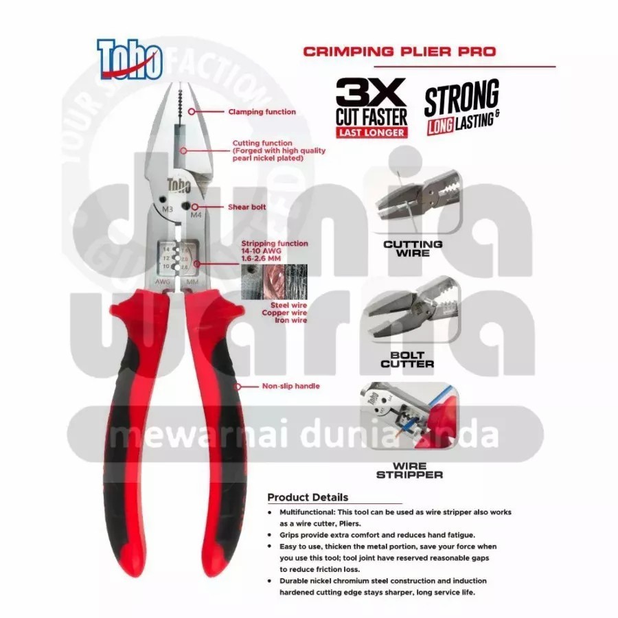 UD84IR TOHO Tang Kombinasi 8 Inch+Kupas Kabel+Potong Kawat Crimping Plier PRO HEAVY DUTY PREMIUM
