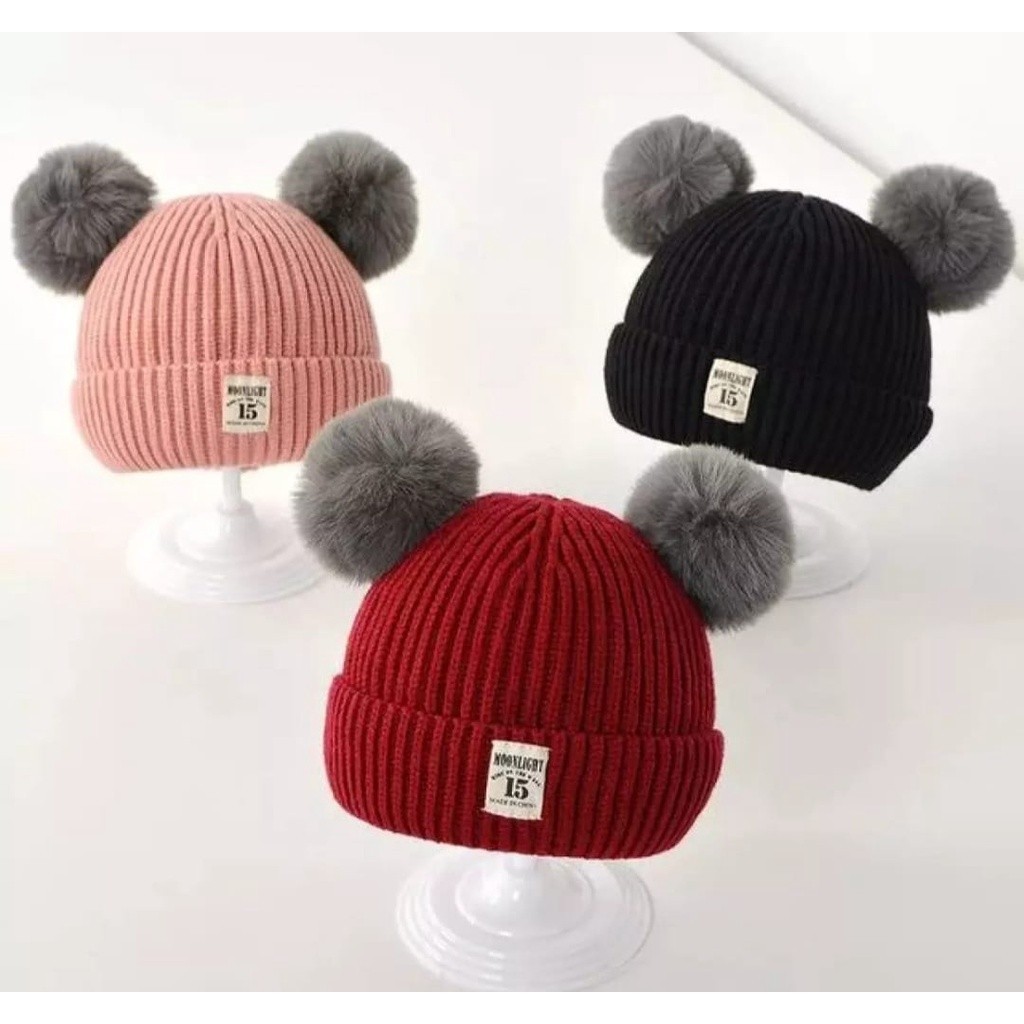 topi kupluk Bayi pompom moonlight rajut premium / kupluK bayi laki-laki / perempuan usia1 bulan - 3 