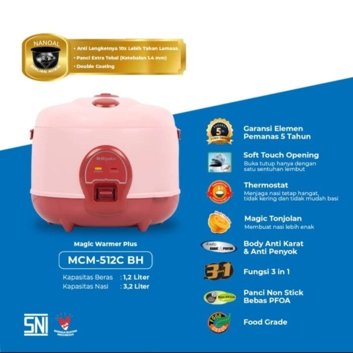 MIYAKO MCM512CBH Rice Cooker 1.2Liter Magic Com 1,2L MCM 512 CBH - pink - garansi