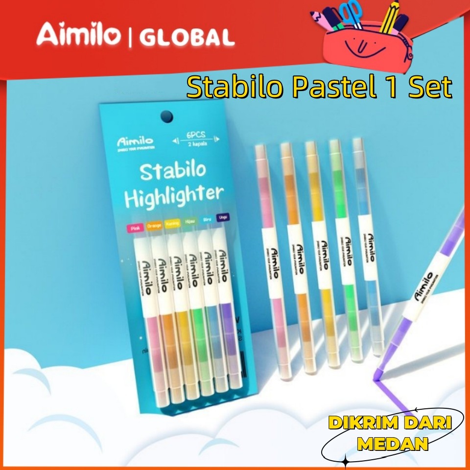 

[COD] Aimilo-MD Stabilo Pastel 1 Set Highlighter 2 Sisi 6 PCS