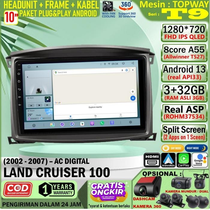 Paket Headunit Android 10 inch + Frame + Soket PNP Toyota Land Cruiser 100 Topway T9 Allwinner T527-