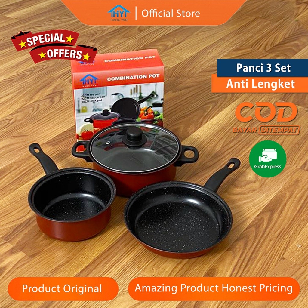 HA61TQ Panci Set 3 IN 1 Anti Lengket Panci Isi 3 Tutup Kaca Panci Set Pot Cookware Set