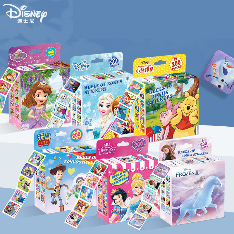 

200pcs/Box Disneyes Stickers Toys Cartoon Frozen Mickey Sofia Princess Sticker Kids Girl Children Teacher Christmas Reward Gift