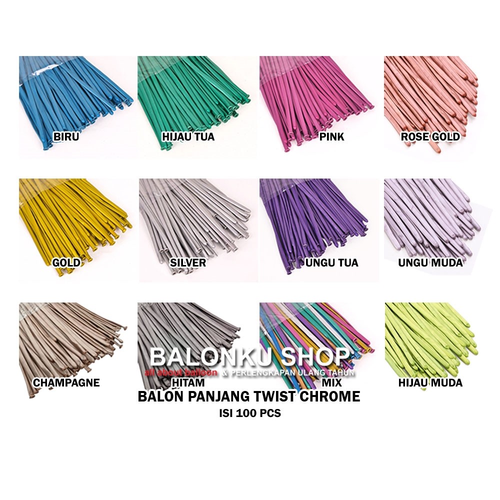 Balon Panjang Chrome isi 100 pcs / Balon Pentil / Balon Twist Chrome