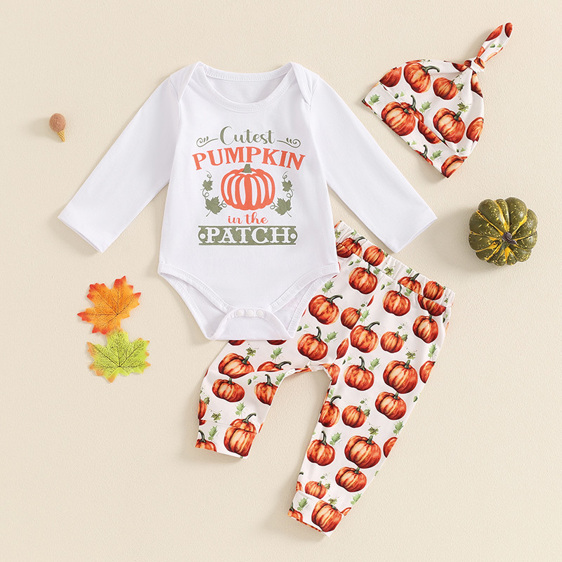 

Baby Clothing Boys Halloween Outfits Letter Print Long Sleeve Rompers Pumpkin Print Pants Hat 3Pcs Fall Clothes Set