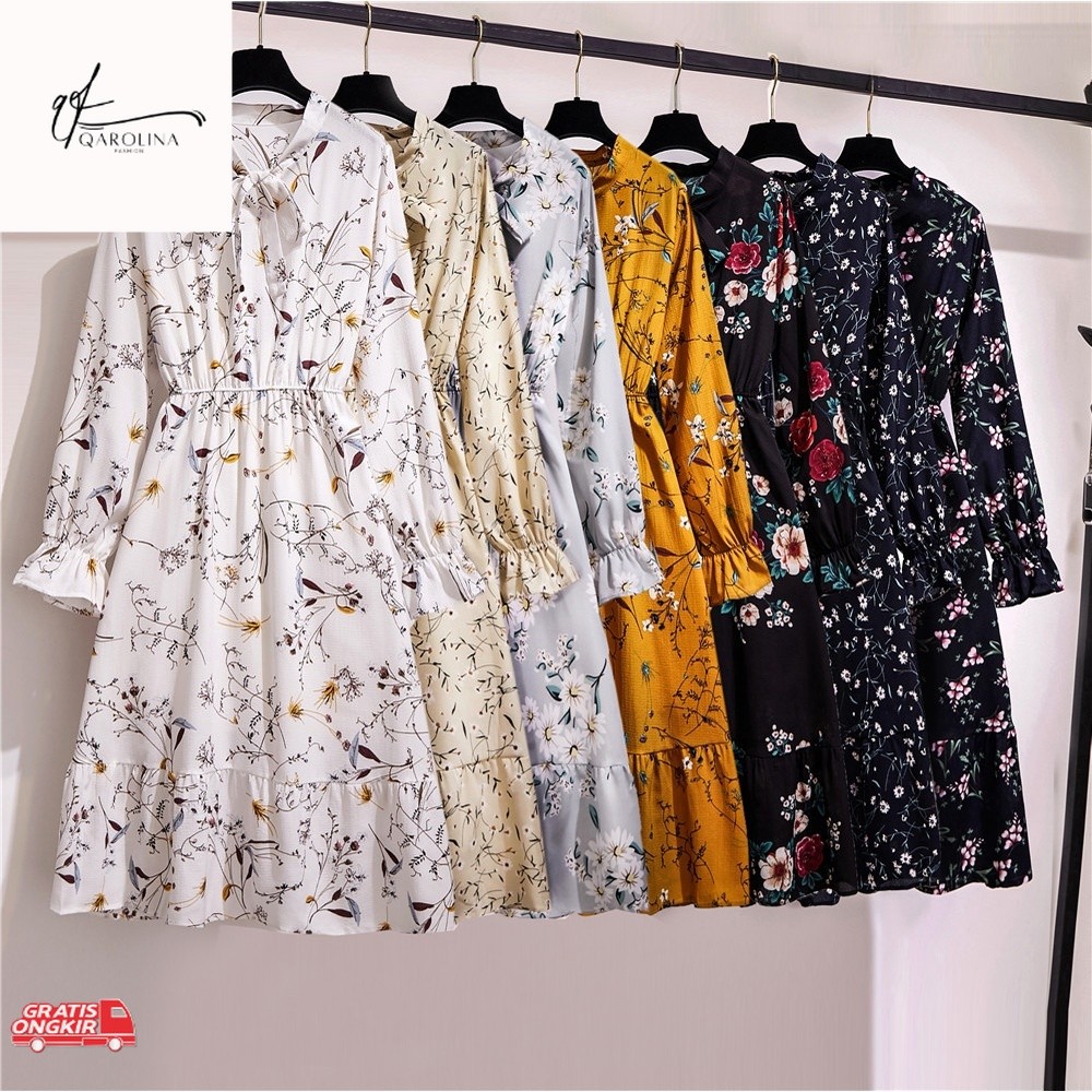 Dress Korea / Warna solid hitam merah Wanita midi dress korea lengan panjang Muslimah motif bunga pa