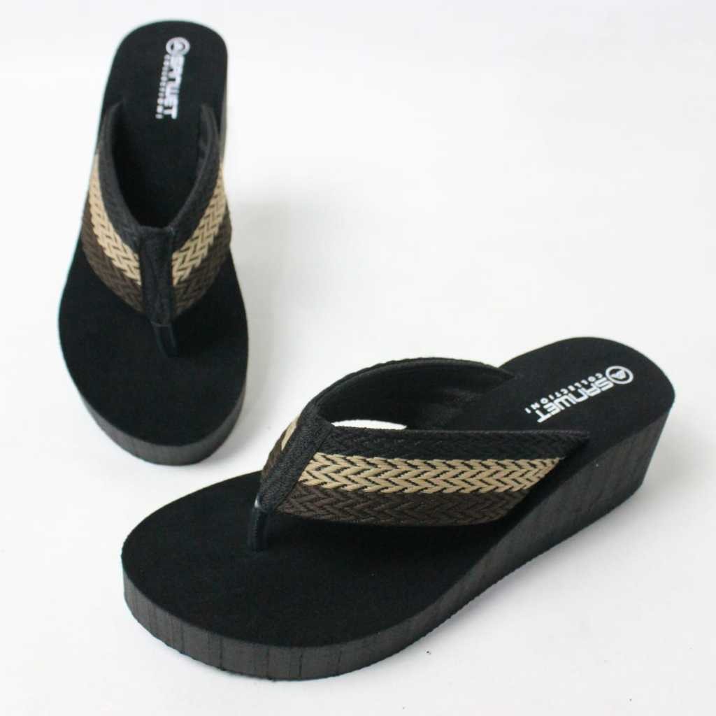 Sandal Wedges Wanita Dewasa Jepit Rajut Turki Motif Kombinasi Tinggi 5 cm Terbaru