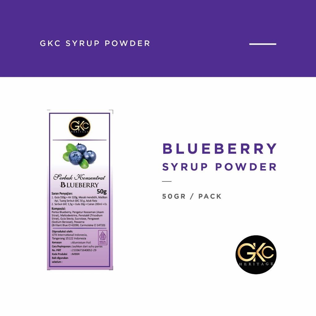 

GKC Heritage Sirup Bubuk Konsentrat Minuman Blueberry HALAL 50 Gram Blue Berry Powder Syrup