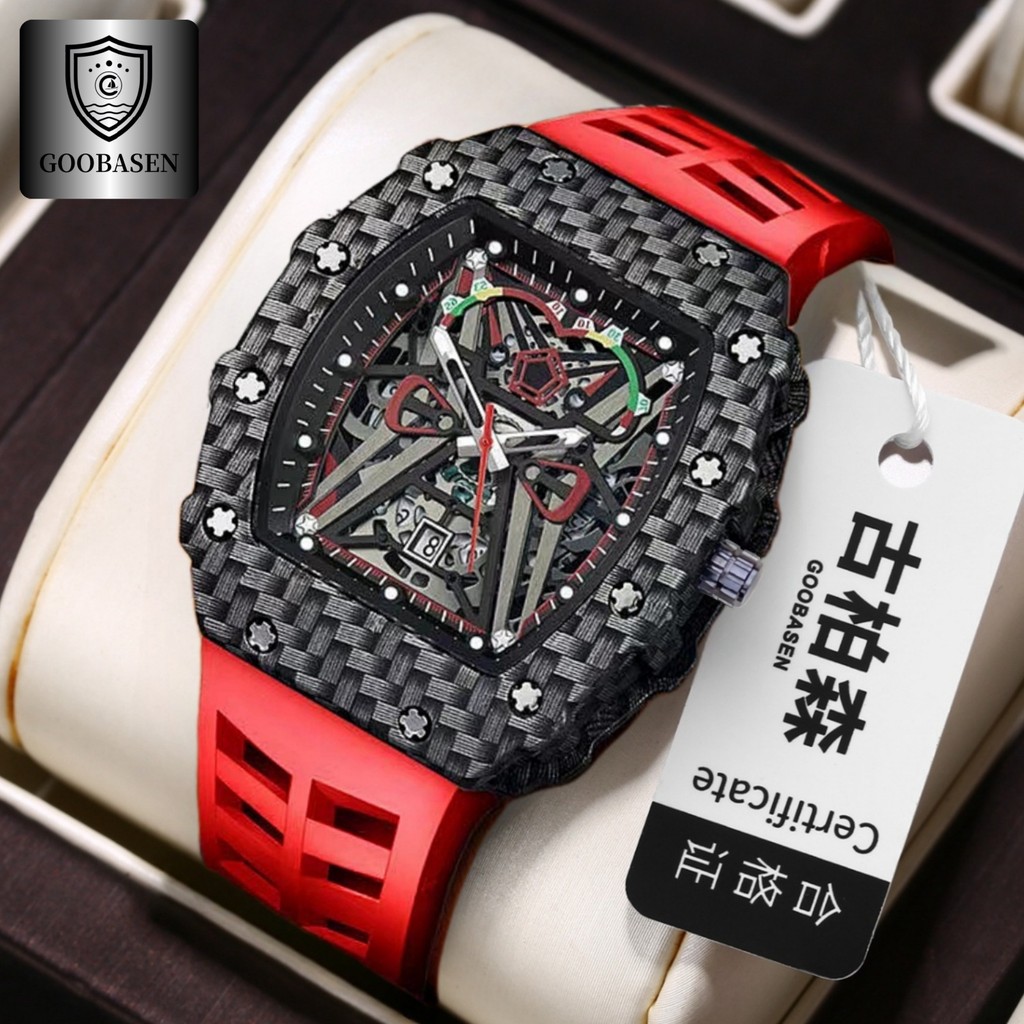 

Jam Tangan Pria Baru Gubosen Tahan Air Luminous Kalender Desain Belakang Transparan Berongga