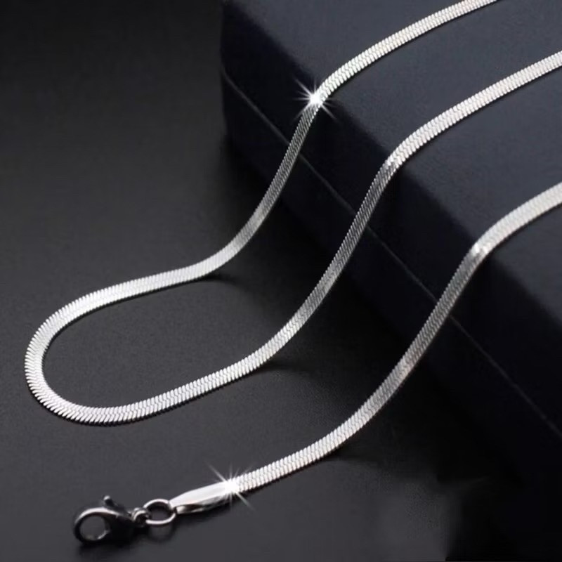 Kalung Model Casandra Pipih Gepeng Titanium Untuk Pria Dan Wanita Warna Silver Lebar 3 mm