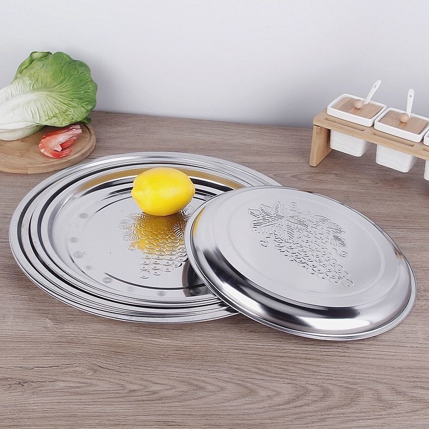 Nampan Stainless Steel Bulat Tebal Nampan Motif Bentuk Bulat Baki Mewah Serbaguna BINSA - 187