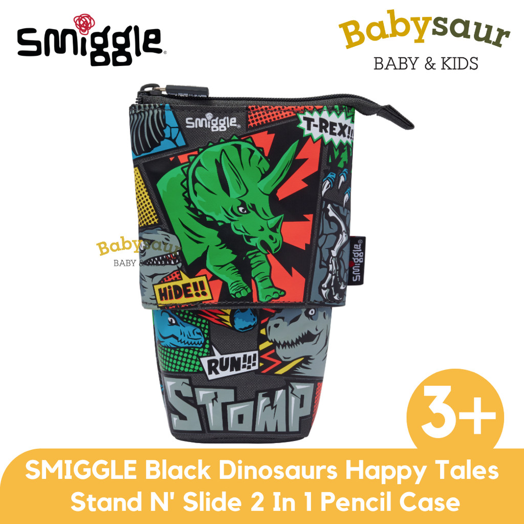 

SMIGGLE 100% Original Black Dinosaurs Happy Tales Stand N' Slide 2 In 1 Pencil Case Peralatan Sekolah Tempat Pensil Anak Laki Laki