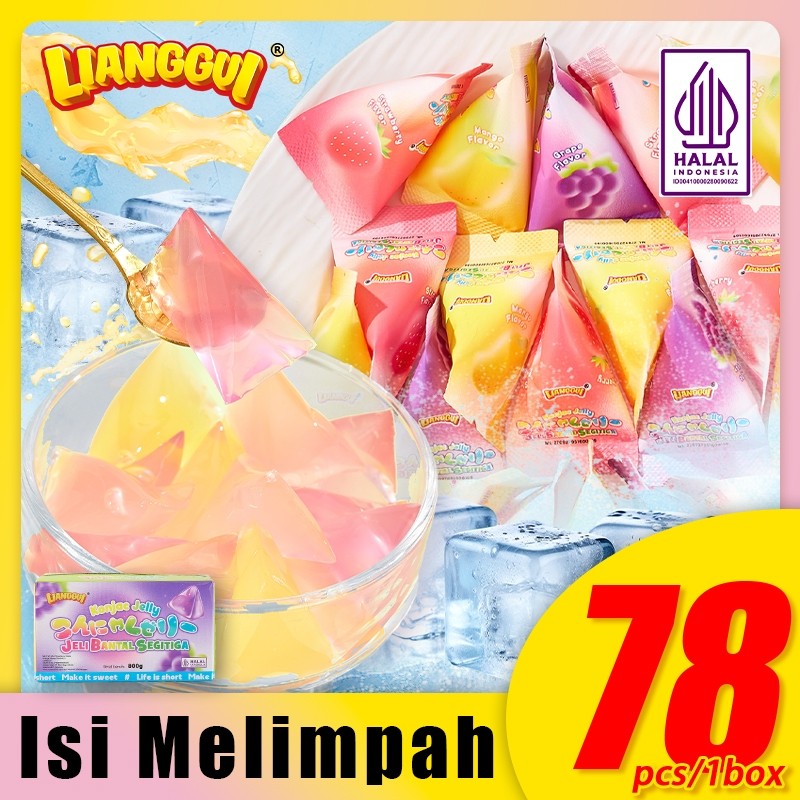 

Lianggui Jelly segitiga aneka rasa, mangga, anggur, jeruk, cemilan halal dengan rasa buah segar.