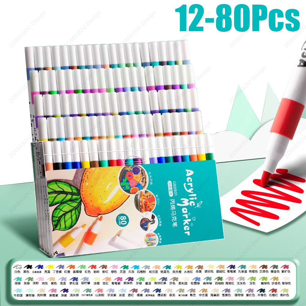 

12-80 Colors Acrylic Paint Pens Markers Set Paint Art Marker Soft Tip Pen for Children Stone Paint Ceramic Glass Fabric Painting