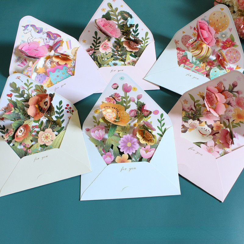 

New Romantic Flower Birthday Card 3D Pop-up Greeting Cards Set Postcard Party Wedding Decorations Creative Girl Gifts