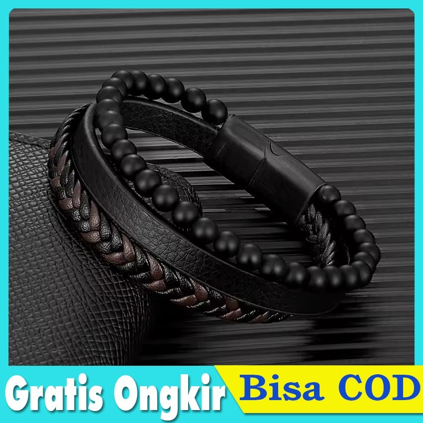 Gelang Kulit Asli Batu Vulkanik - Gelang Terapi Magnet Pria/Wanita, Aksesori Fashion Sehat dengan Ba