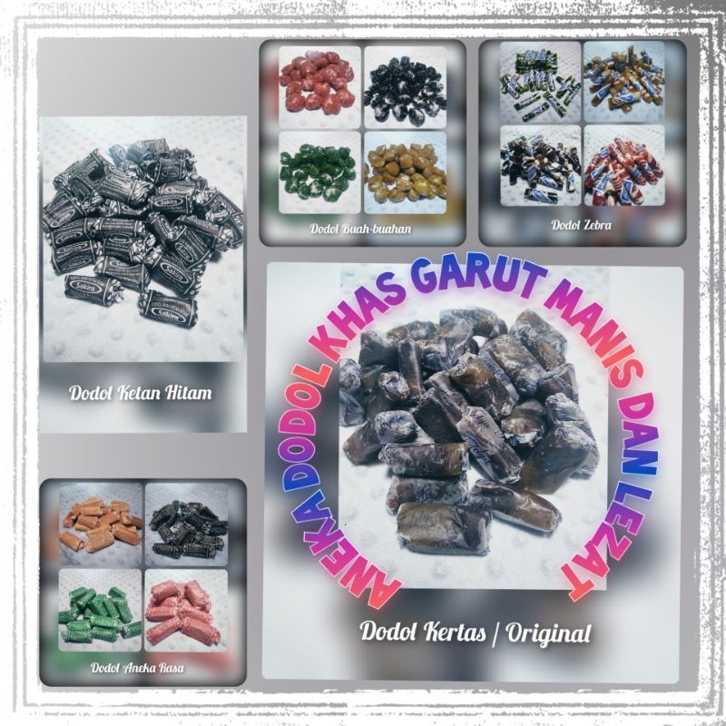 

Dodol garut 500 gram ini merupakan oleh-oleh makanan ringan / cemilan / jajanan manis yang halal enak lezat legit dengan aneka rasa original wajit ketan buah buahan ( pandan strawberry durian coklat nanas ) Brand luxury jelita