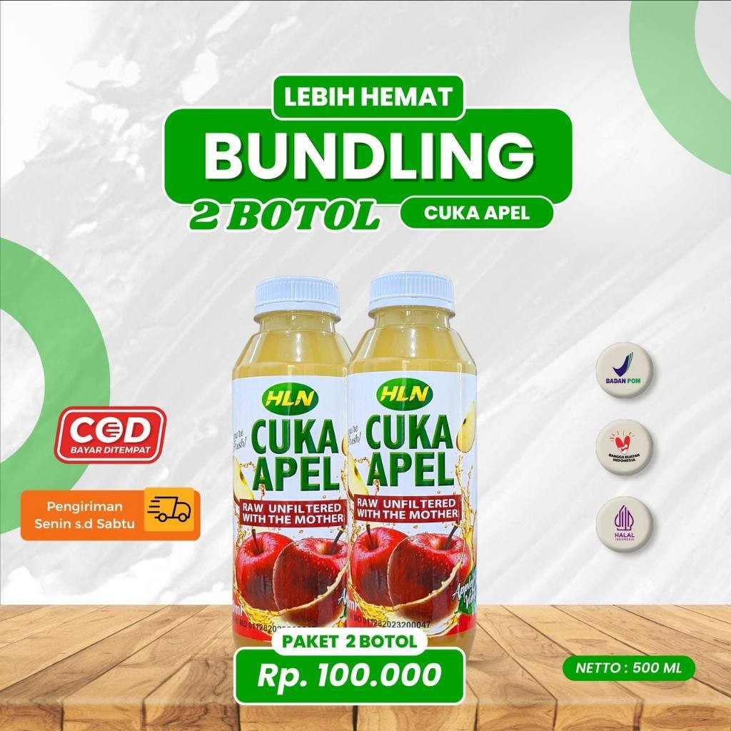 

(2 BOTOL)) Cuka Apel HLN Raw Unfiltered With The Mother 500 ML