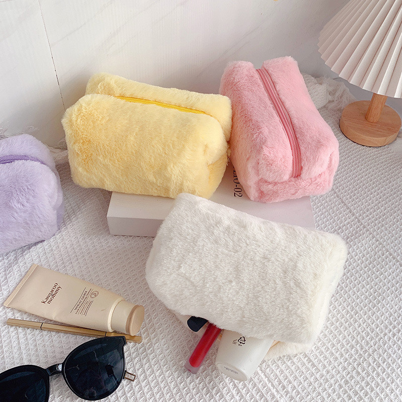 

10Pcs Portable Plush Pen Bag Solid Color Fur Pencil Case Large Capacity Zipper Soft Organizer Case School Stationery Supplies
