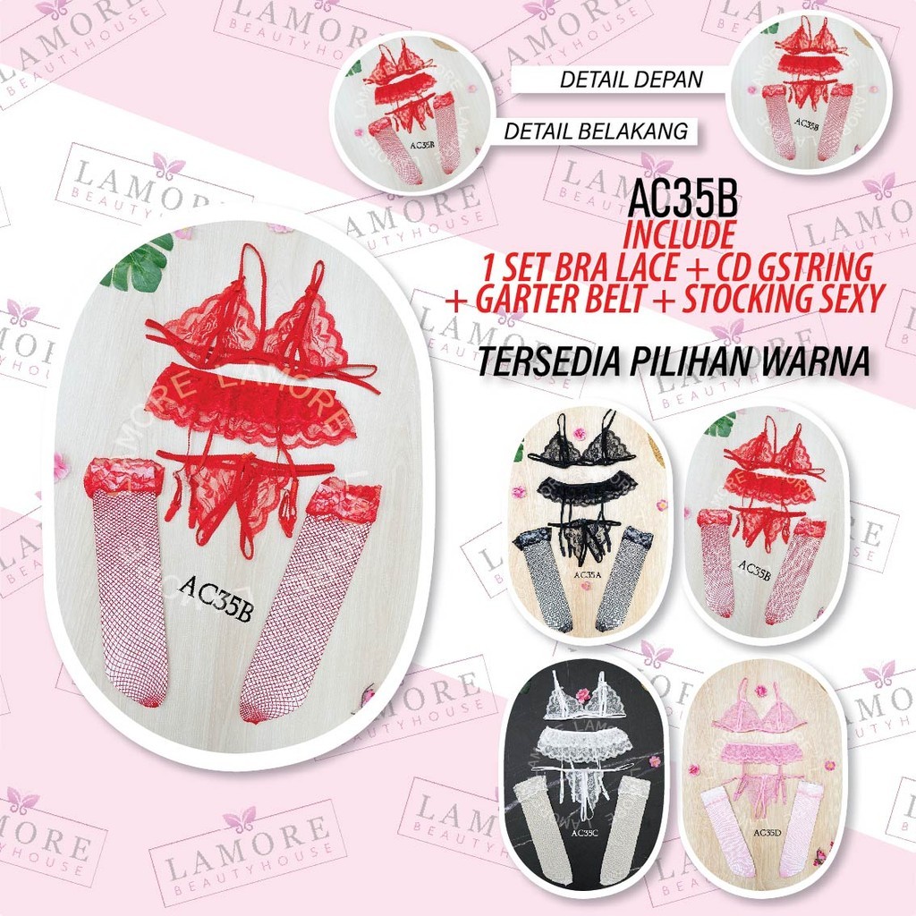 Bh Cd Bra Wanita + Stocking Jaring + Garter Belt Merah Ac35B