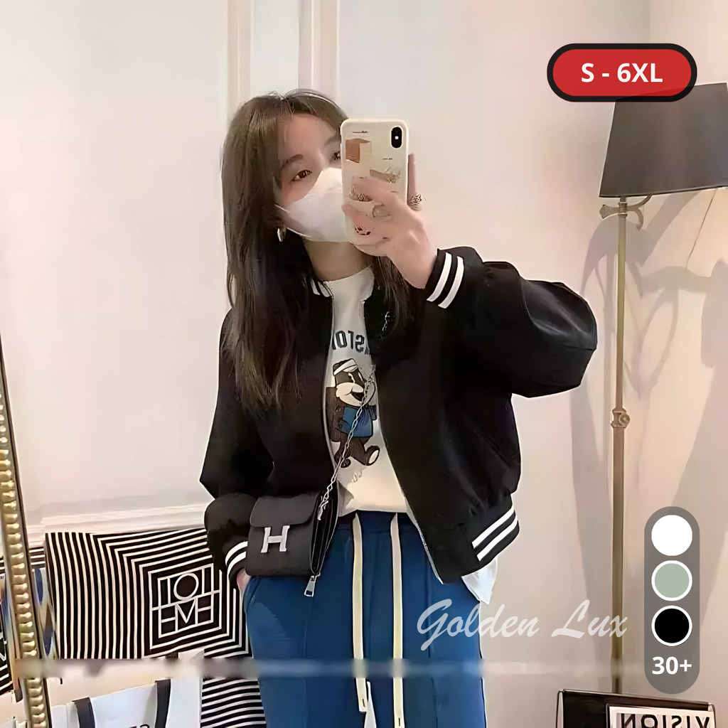 Jaket Croope Ziper Oversize - Jacket Varsity Baseball Crop Top Wanita Korean Style Jumbo LD 130-140