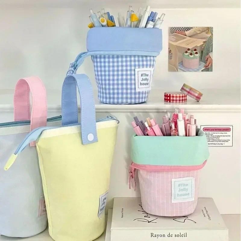 

Pencil Bag Creative Multifunctional Solid Color Standing Holder Portable Handheld Storage Pen Bags Student School Stationery