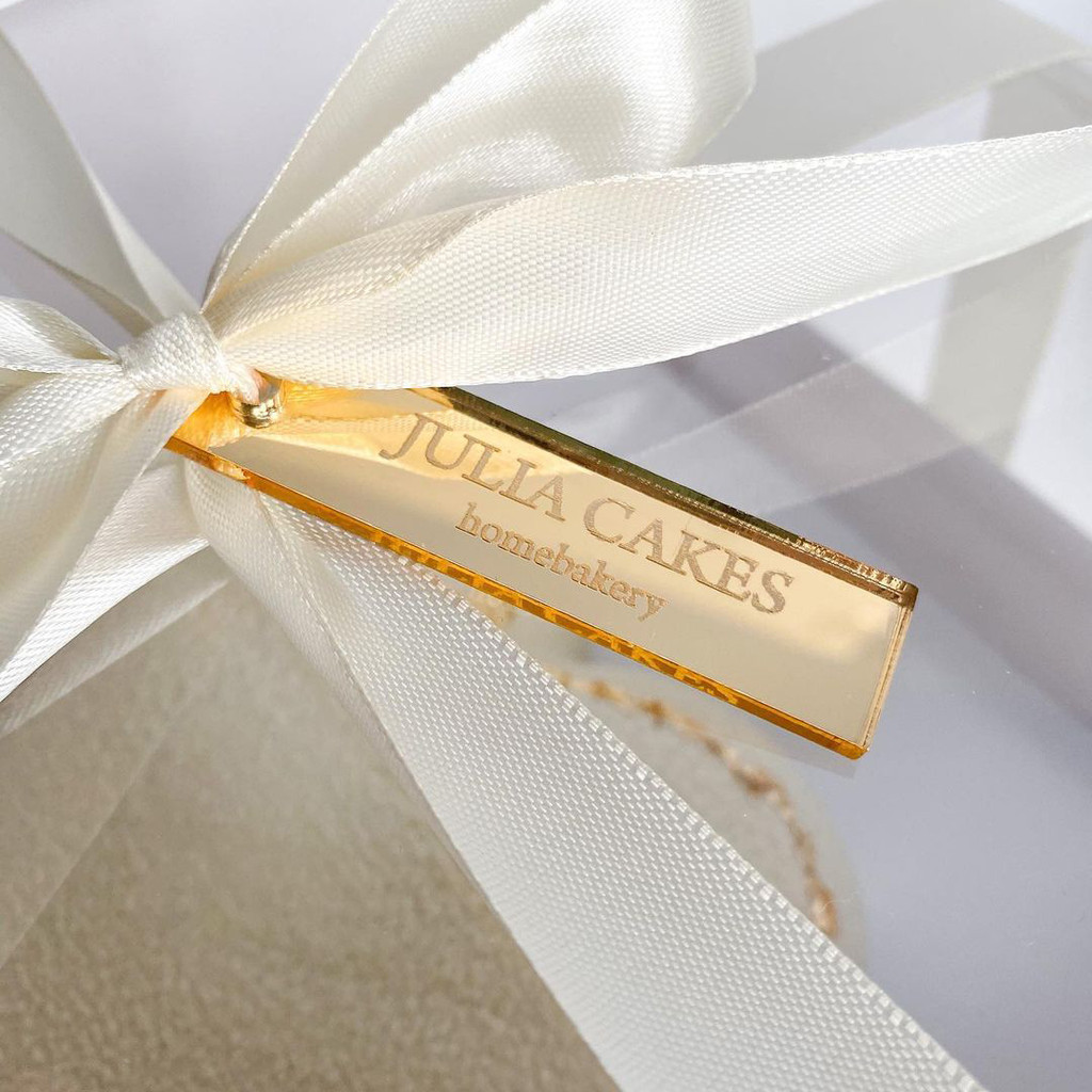 

100x Personalized Tags Sew On Ribbon Bows Acrylic Mirror Labels, Custom Design Logo Pattern Labels For Wedding Box Labels Decor