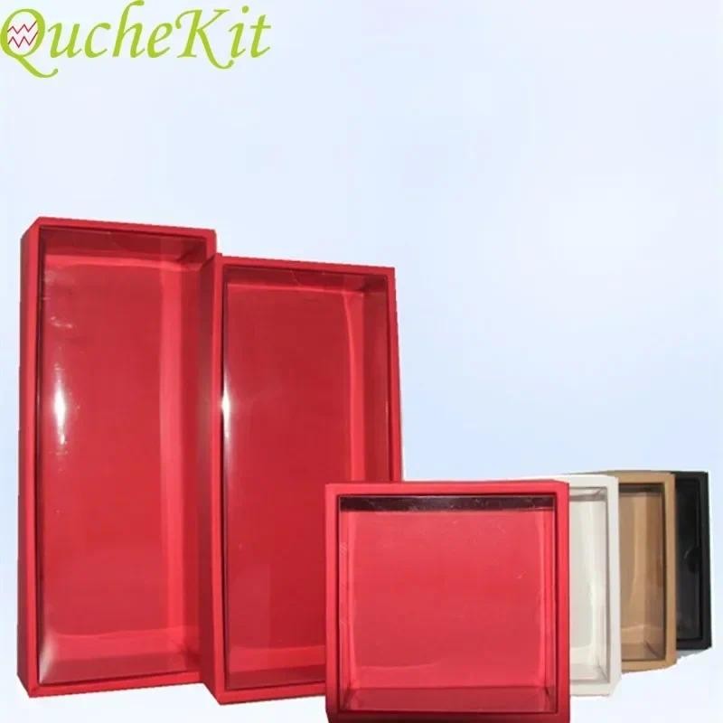 

10Pcs White Kraft Paper Gift Box With Transparent PVC Window Black Cake Boxes Red Wedding Cookie Candy Packaging Boxes