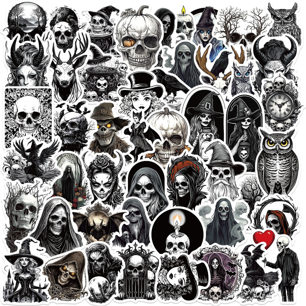 

50Pcs Black And White Horror Skull Stickers Gothic DIY Stickers Scrapbooking Phone Luggage Skateboard Waterproof Graffiti Decals