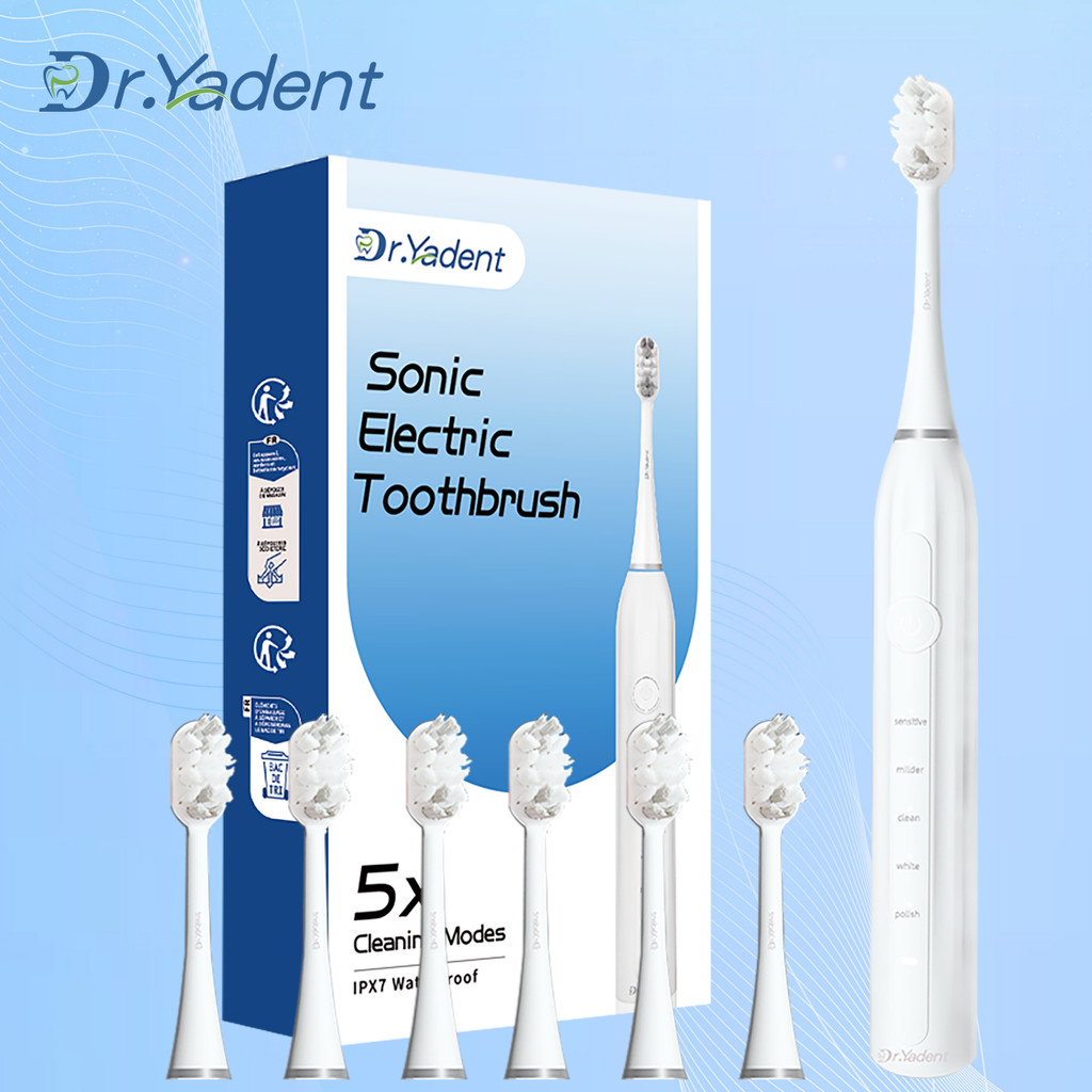 Dr.Yadent Electric Toothbrush Rechargeable USB Charger C02 Sonic Toothbrush 5 Modes 6 Brushes Heads 
