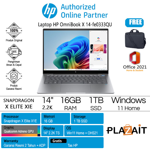 HP Laptop OmniBook X 14-fe0333QU /Snapdragon X Elite/16GB/1TB SSD/Qualcomm Adreno GPU/14″ 2.2K Touch