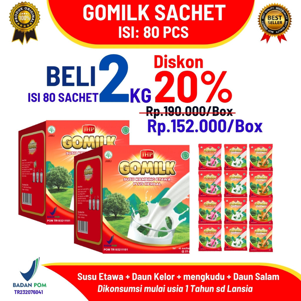 

Paket GOMILK 2kg Isi 80 Sachet – Susu Kambing Etawa Herbal Daun Kelor Tinggi Kalsium, Nafsu Makan